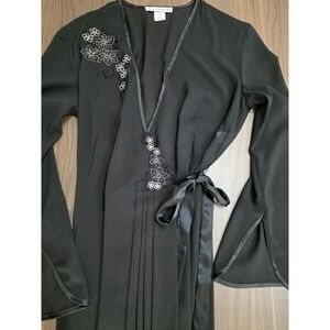 Vintage Linea Donatella Long Black Robe Satin Trim Flower Applique Pleats Small